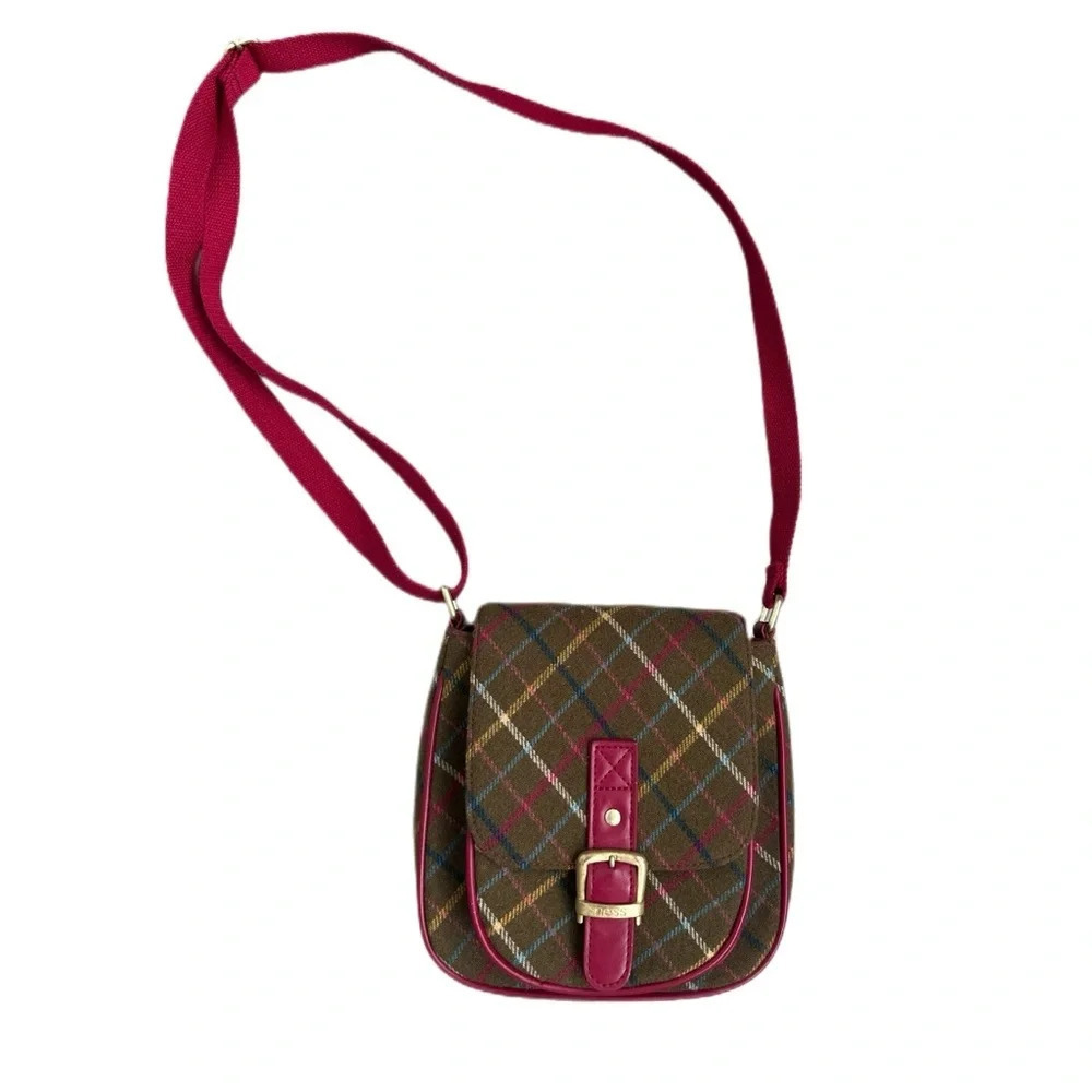 NESS Wool Rich Check Crossbody Bag Satchel Messenger Shoulder Pink Leather Trim
